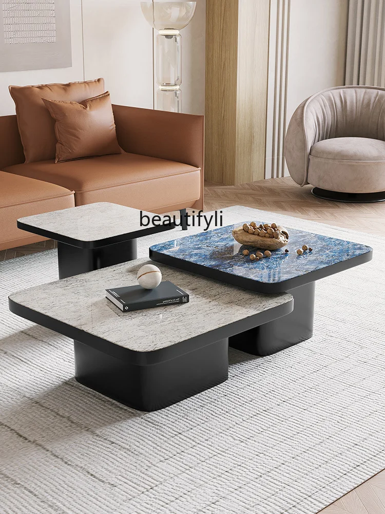 Italian-Style Light Luxury Pandora Stone Plate Coffee Table Modern  Small Apartment Living Room Simple Square Size Combination