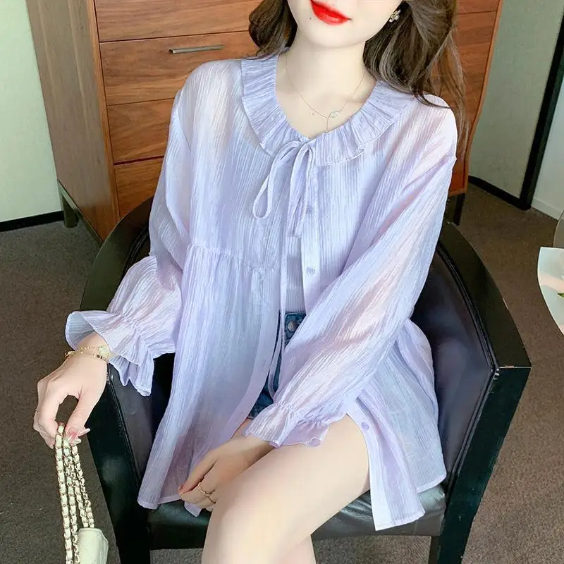 Women\'s Summer Korean Fashion Ruffles Lace Up Sunscreen Shirt Sweet Chic Long Sleeve Thin Blouse Female O Neck Solid Loose Tops