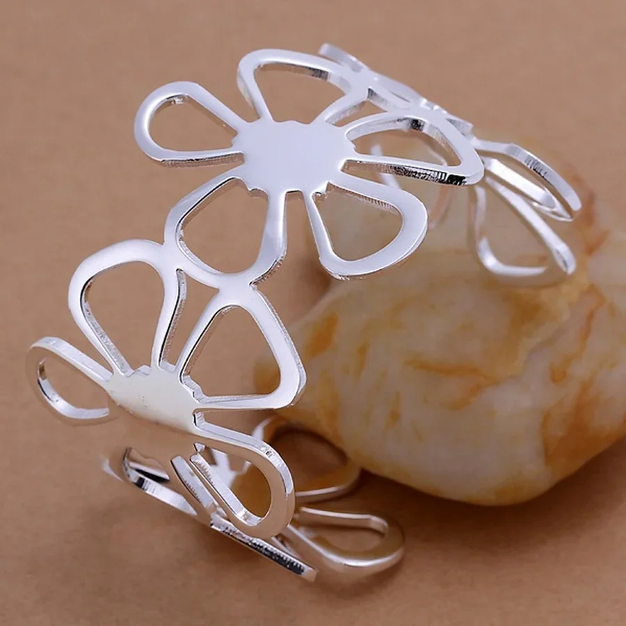 Promotions High Quality 925 Sterling Silver Jewelry Fashion Solid Flowers Circular Open Bracelet Bangle for Women Lady Wedding