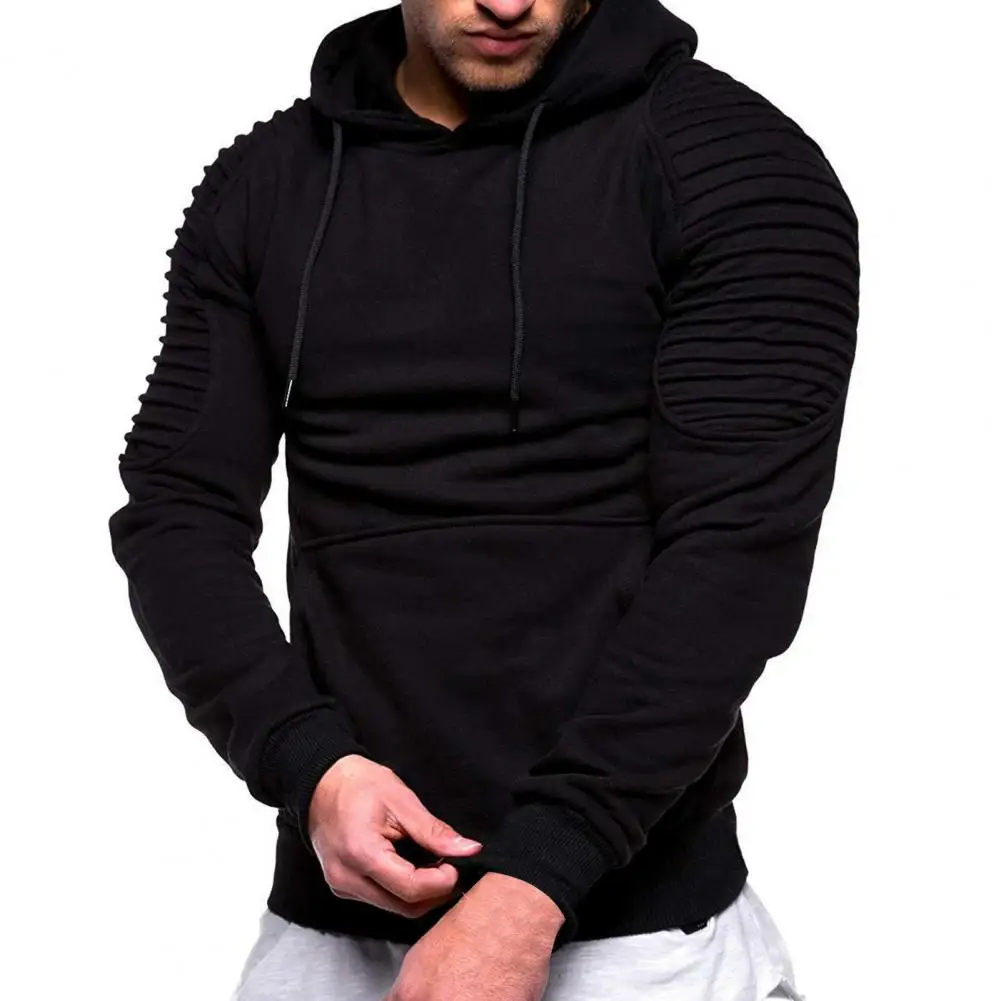 Long Sleeves Skin-Touch Warm Men Casual Pure Color Pleated Shoulder Hooded Sweatshirt Men Hoodie Daily Clothing