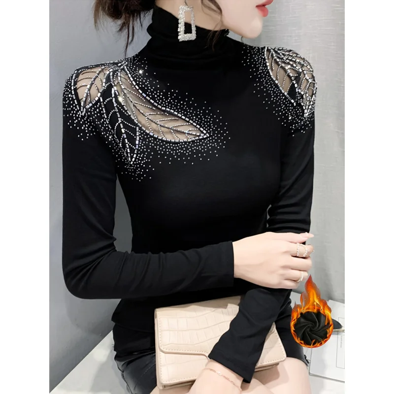A Must-have Fashion! A Solid-colored Turtleneck Long-sleeved Top, with Mesh Splicing and-studded