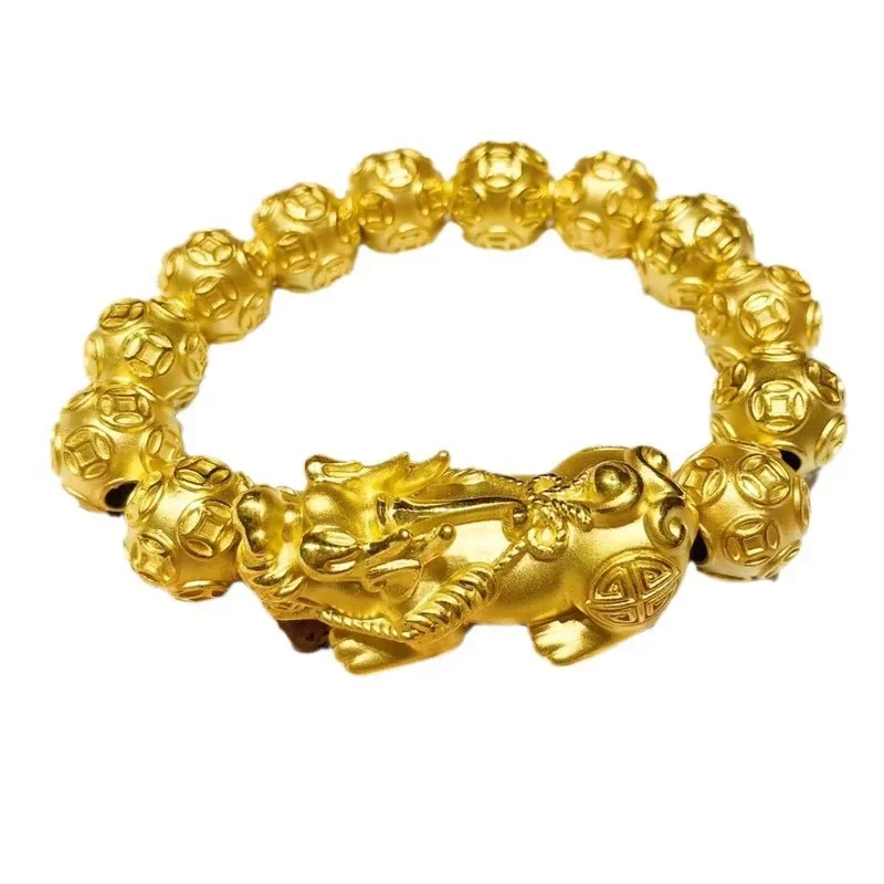 Goldpure Pixiu سوار 999 الذهب 24K الذهب الحقيقي الرجال سوار غني بوذا حبة سوار المال حبة سوار