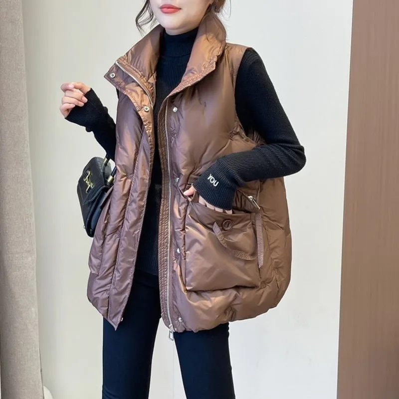 Autumn Winter Down Cotton Vest Jacket Women Korean Loose Sleeveless Outwear Large Pocket Embroidered Wasitcoat Female