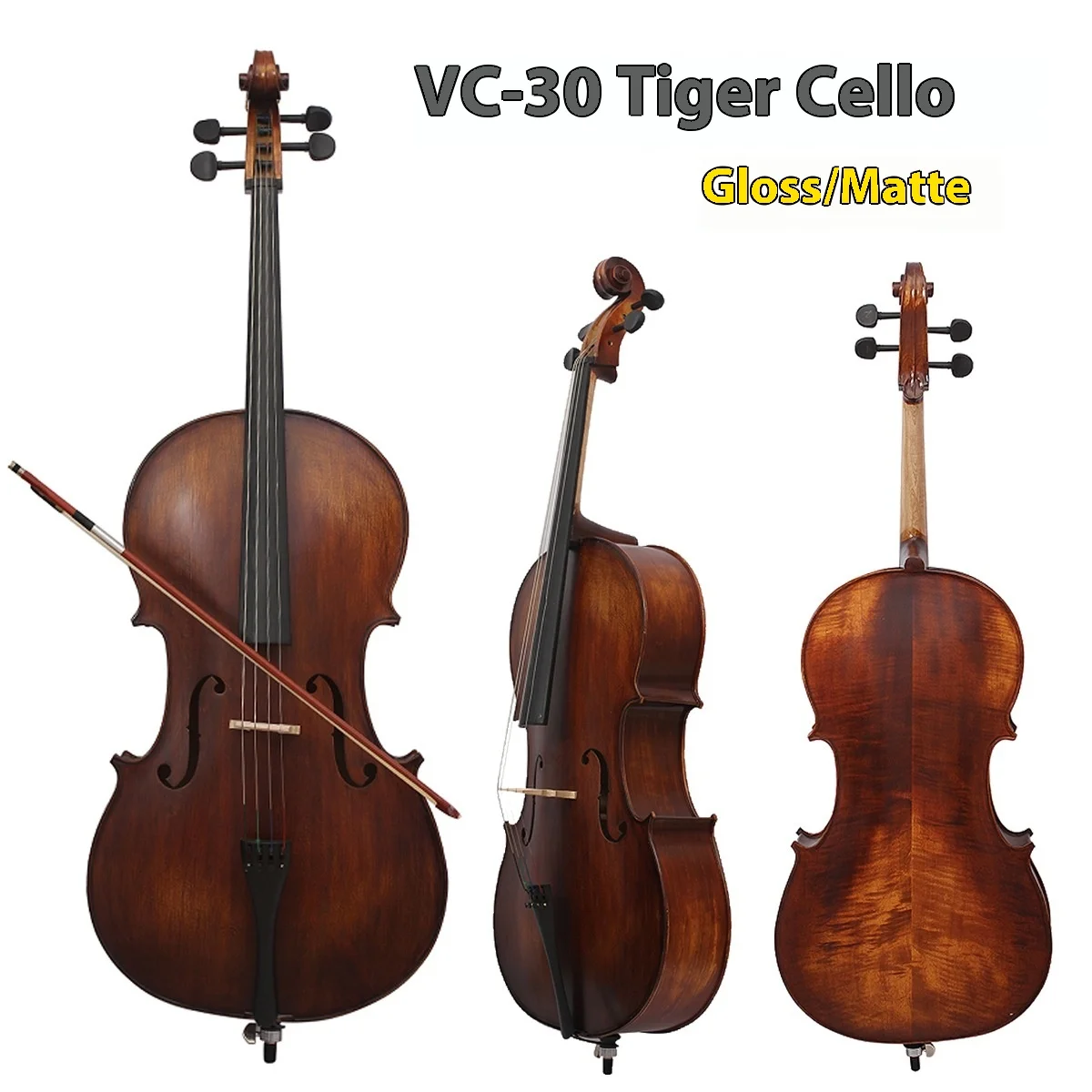 4/4 Handmade Solid Wood Cello for Adults Beginners Children-Bright Matte Finish Maple Spruce Wood-Direct From Factory