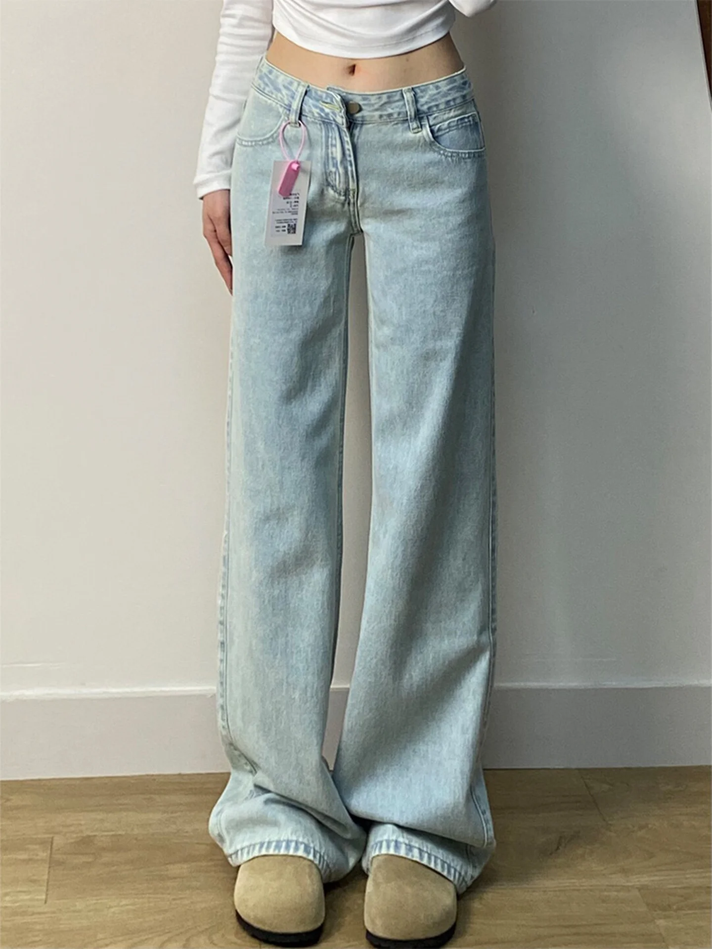 Cintura baixa perna larga azul jeans feminino outono inverno solto emagrecimento até o chão calças americanas sle cor pura jeans