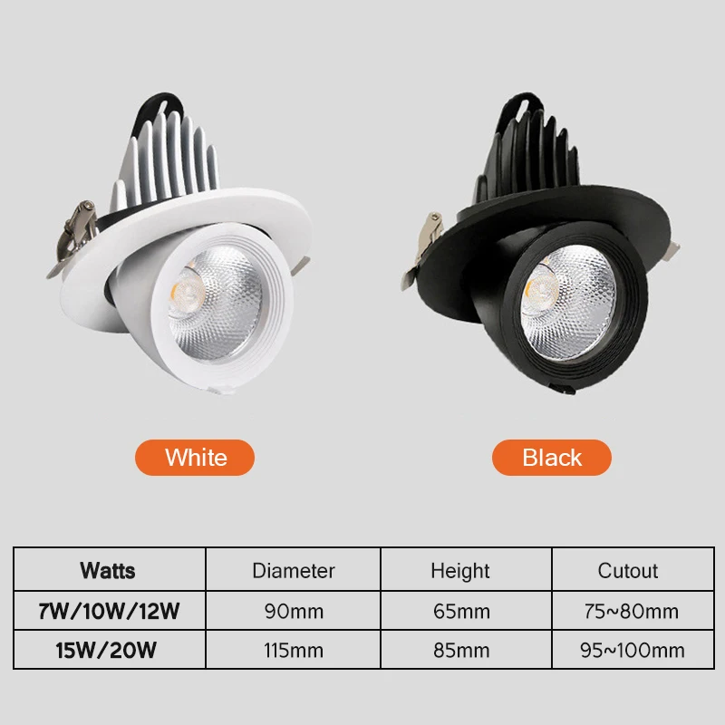 LED Downlight Dimmable 360 Degree Angle Rotatable Ceiling Recessed Spot Lights 7W 10W 20W AC 110V/220V for Bedroom Corridor Home