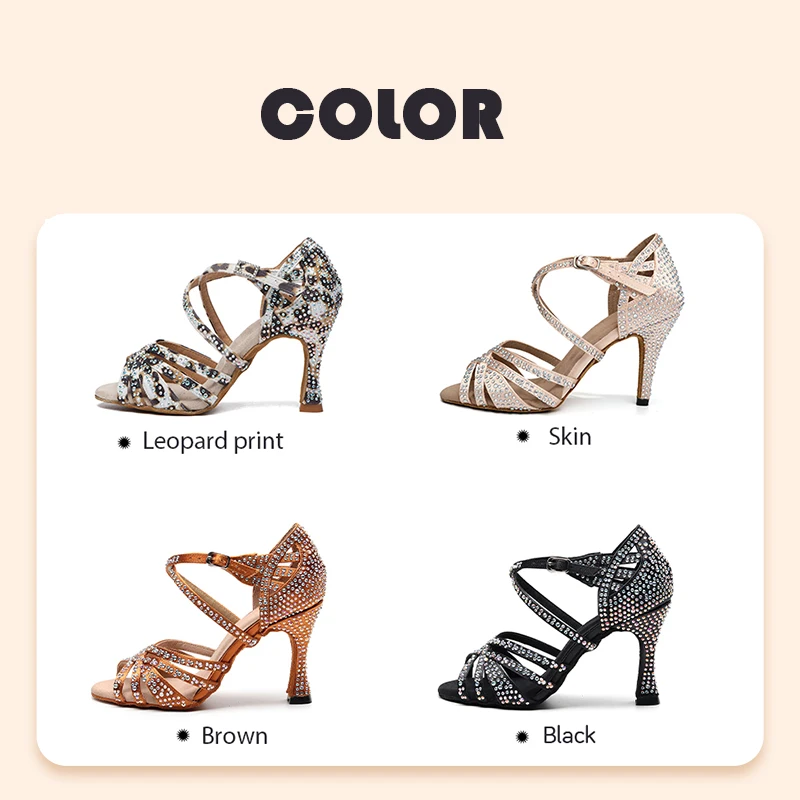 HROYL Ballroom Latin Dance Shoes Ladies Girls New Silk Satin Shiny Rhinestone Cuban High Heels Party Salsa Dance Shoes Women - Image 2