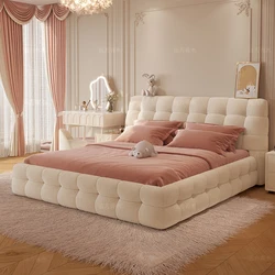 Marshmallow puff bed, simple lambswool queen bed, master bedroom, creamy white double bed