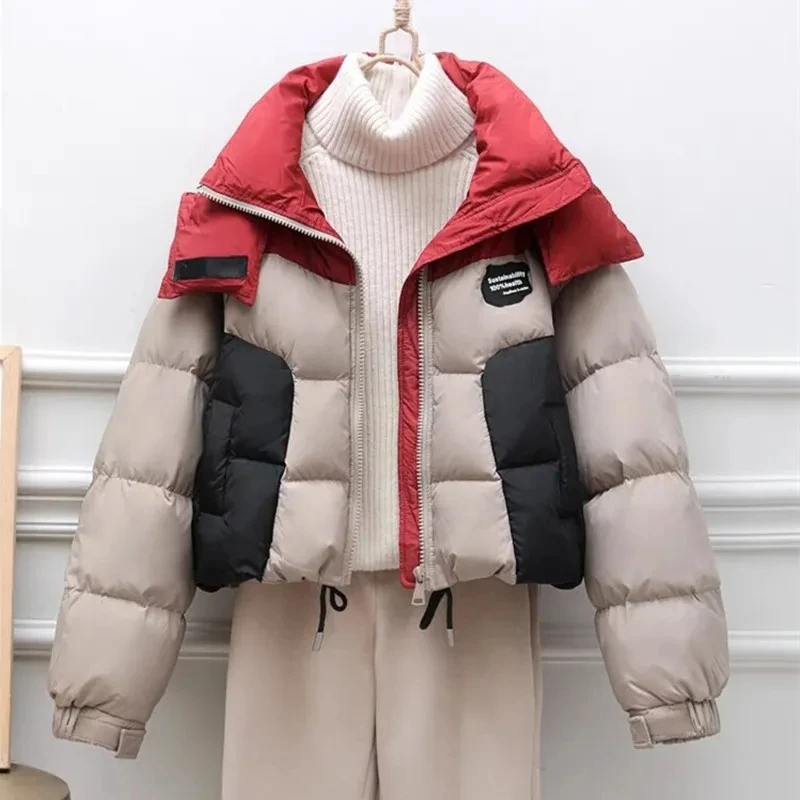 Splicing Down Cotton-Padded Jacket Women\'s short Overcoat Winter New Korean Loose Hooded Bread Clothing Thicke Warm Parker Coat