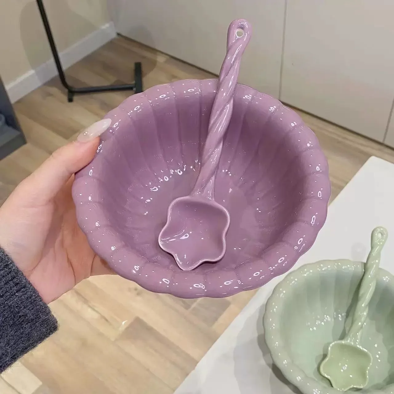 Ceramic Bowl Set with Spoon Cream Style Home Use High Aesthetic Value Cute Salad Bowl Dessert Fruit Soup Bowl Large Diameter view 4