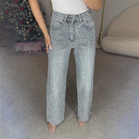 Y2k Women Shiny Rhinestone Denim Pants Wide Leg Straight Full Diamond Jeans for Female Dragging High Street Outwear Trousers