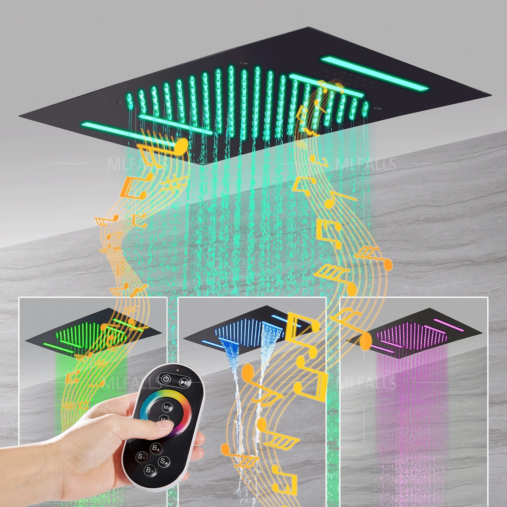 Bathroom Led Rainfall Shower Set 380*580mm Embed Ceiling Rain Showerhead Set Thermostatic Diverter Valve With Massage Body Jets