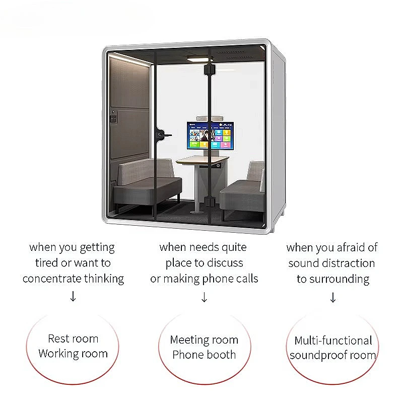 Office Phone Booth Soundproof Pod for Confidential Call Video Conference Movable Acoustic Panel with LED Lighting Ventilation