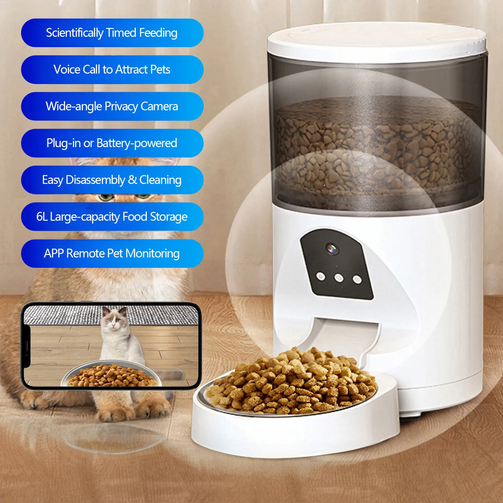 

Free Custom Labels 4L 6L Smart Automatic Pet Feeder Voice Calling APP Control Charge Solid Pattern Waterproof Pet Bowls Feeders