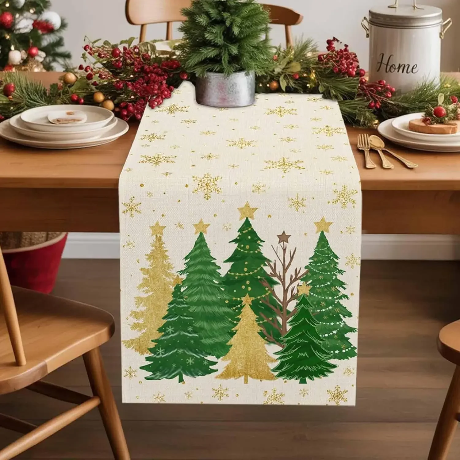 Christmas Tree Gold Snowflakes Linen Table Runner Party Decor Reusable Winter Kitchen Dining Table Runners Christmas Decorations