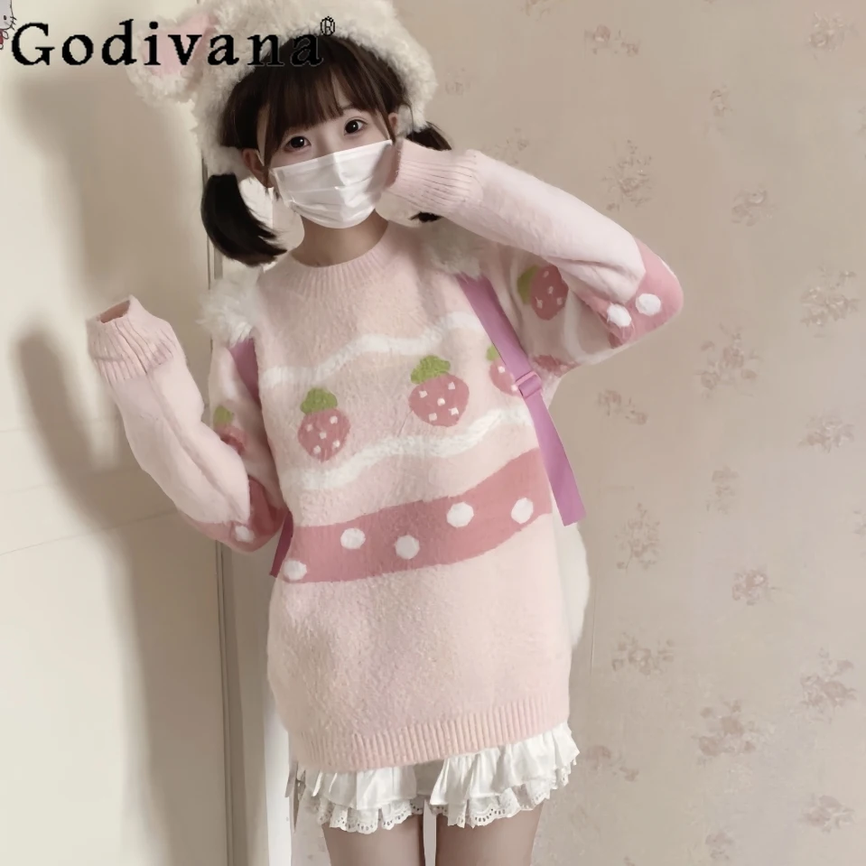 

Original Cute Girl's Strawberry Print Pink Sweater Autumn Winter New Women's Loose Soft Knit Pullover Daughter Y2K Sweaters 2025