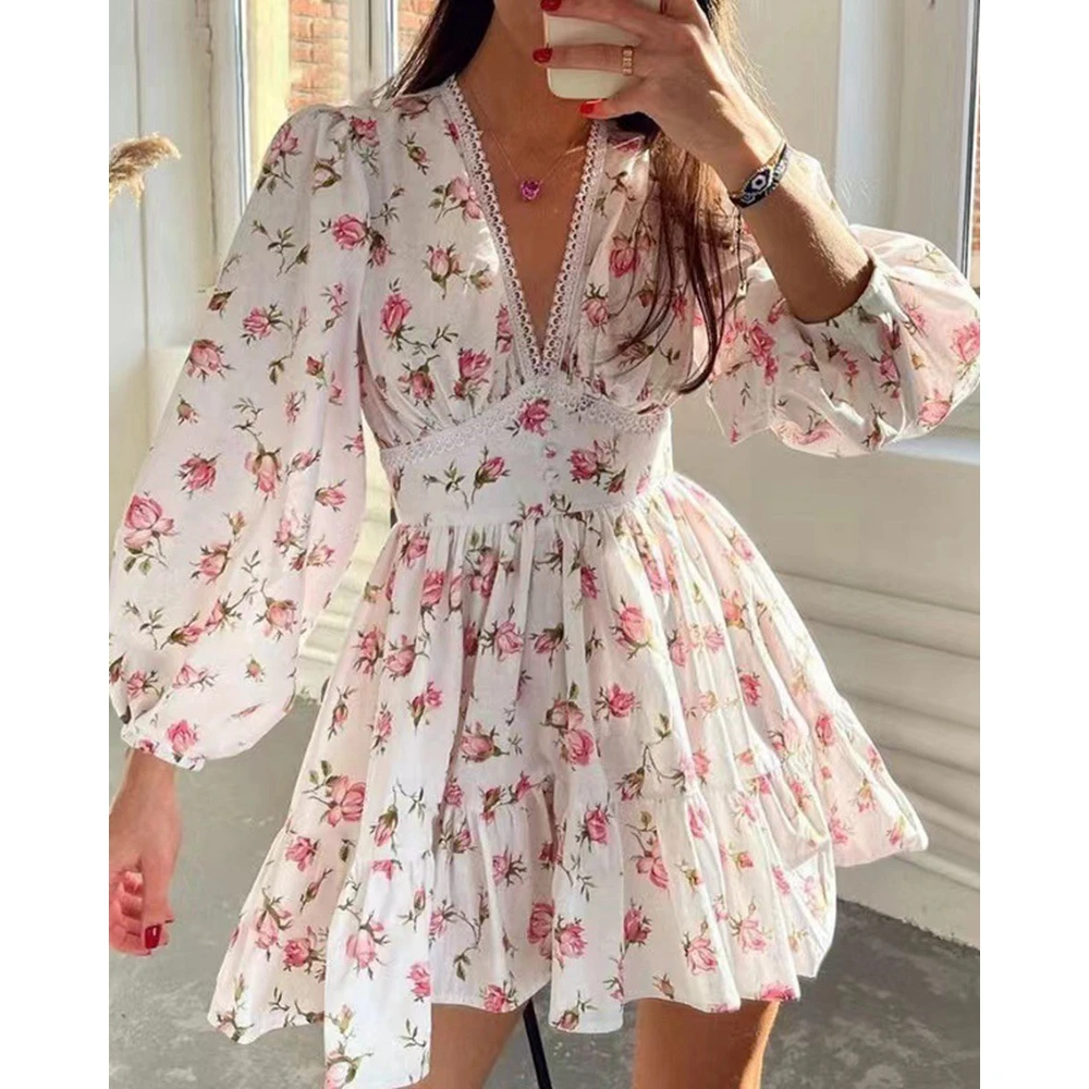 

Women Floral Print Dress Summer Femme Contrast Lace Ruffles Hem Lantern Sleeve Outfits V-Neck Party White Dress Elegant Vestidos