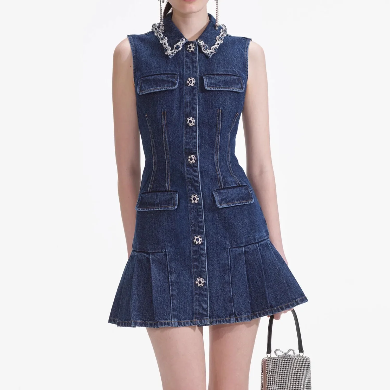 

Темно-синее джинсовое платье, женское мини-платье без рукавов с отложным воротником, облегающее уличное платье, элегантная мини-ткань, женские бриллианты