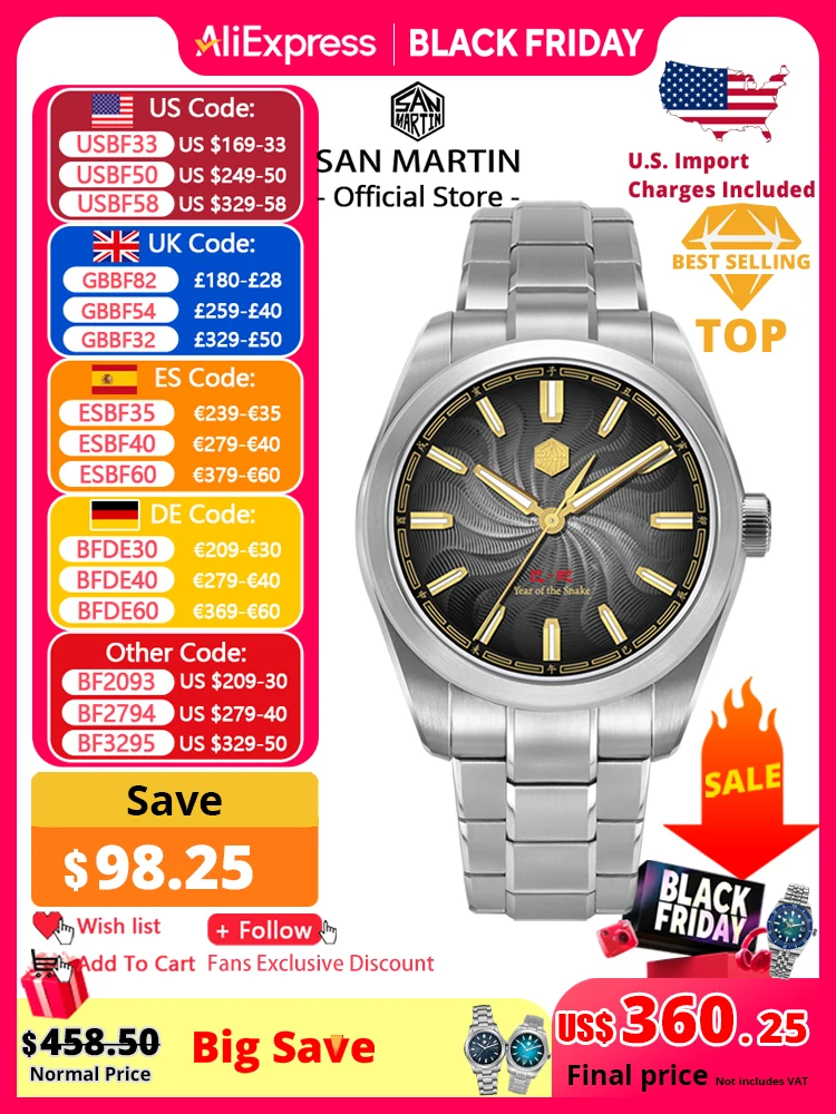 

San Martin 2025 гиilloche Dial Snake Year Limited 39 мм Miyota 90S5 прозрачная задняя крышка мужские автоматические механические часы светящиеся SN0144