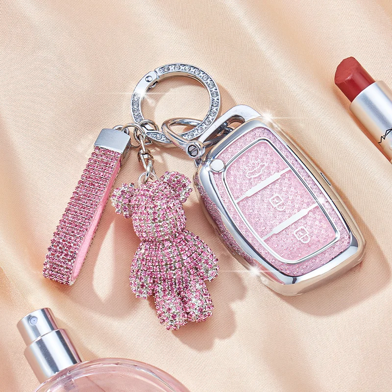 Crystal Pink TPU for Hyundai Solaris Ix35 Ix45 ELANTRA Santa Fe HB20 Verna 3 Button Remote Car Key Case Cover Fob Bag Keychain