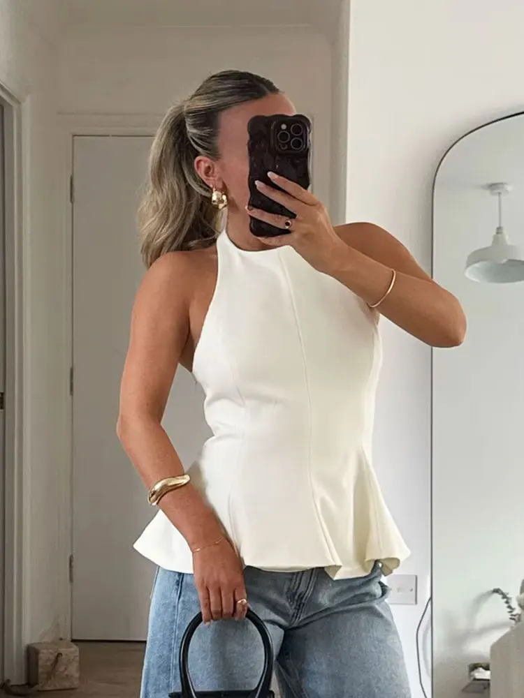 

HH Summer Women Fashionable Sexy Sleeveless 2 Colors Top Hanging Neck Collar Backless Side Zipper Solid Short Skirt Hem Top