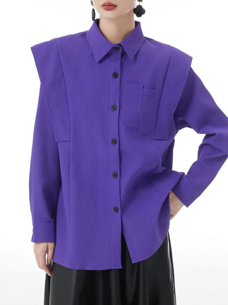 [EAM] Women Purple Corduroy Shaped Big Size Elegant Blouse New Lapel Long Sleeve Shirt Fashion Tide Spring Autumn 2024 1DH4096