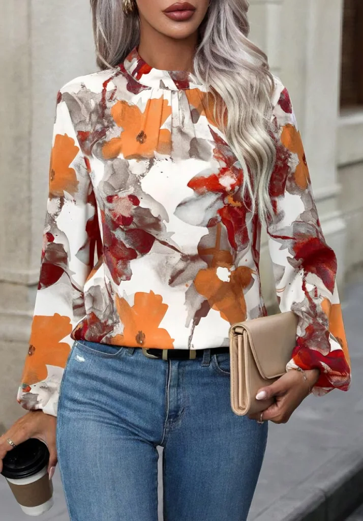 2024 Women\'s Spring and Autumn New Style Casual Commuting Elegant Colorful Flower Fashion Temperament Top Bottom Shirt