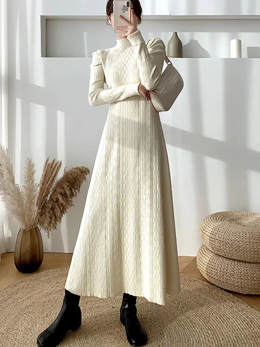 

Jastie Long French Bottoming Sweater Dress Autumn And Winter 2023 New Knitted Half-high Collar Midi Dress Casual Female Vestidos