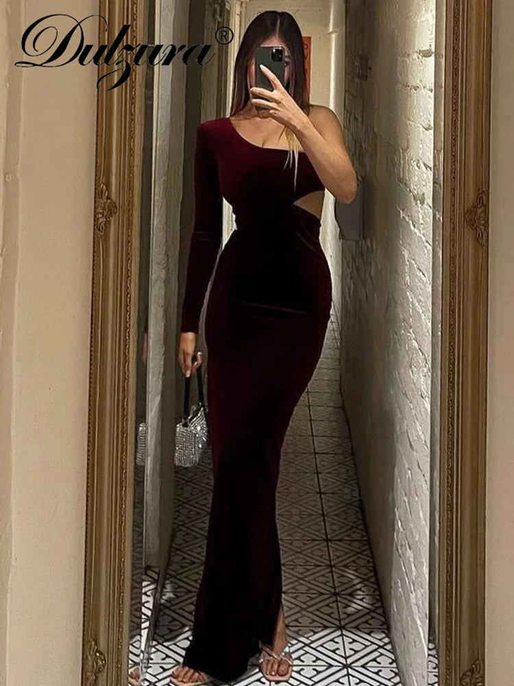 Dulzura Velvet Y2K Clothes One Shoulder Hollow Out Long Sleeve Backless Side Slit Bodycon Elegant Maxi Dresses Women Club Party