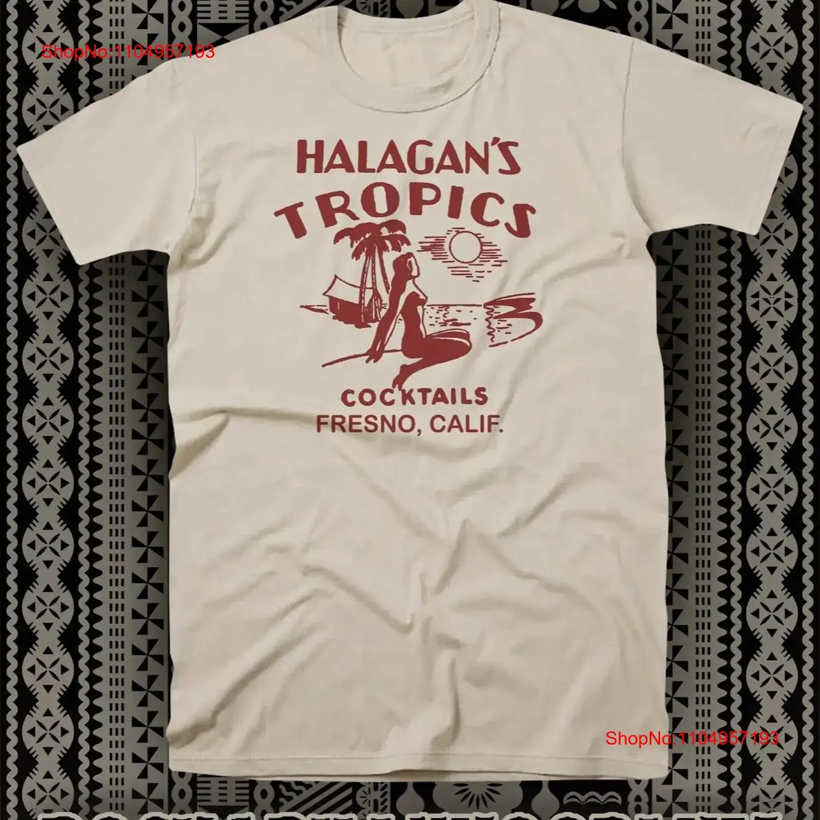 Retro tiki bar t camisa restaurante halagans trópicos cocktails fresno ca vintage lavado macio ligeiramente gráfico elegante respirável