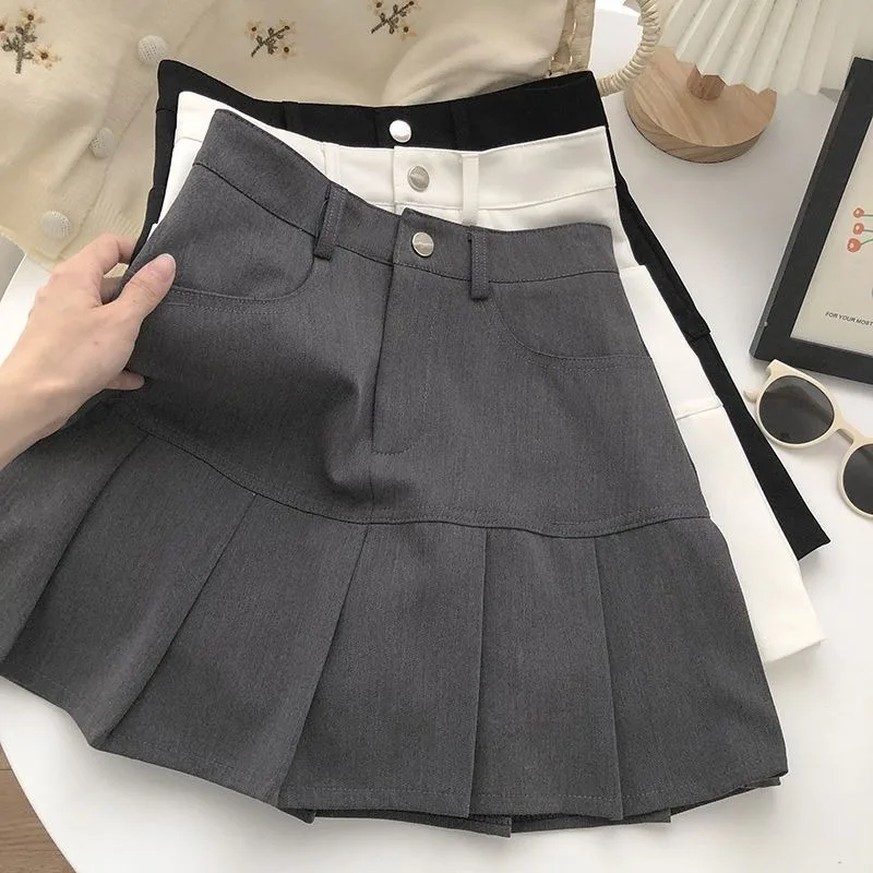 

Kawaii Pleated Skirt Short Skirt Y2k Half Length One Button Suit A-line Skirt Women Spring Summer Solid New