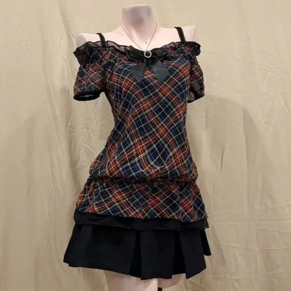 

Lolita Vintage Chic Off Shoulder 2-piece Set Women Outifits Casual Bow Plaid Loose Kawaii T-Shirts Female Black Y2k Mini Skirts