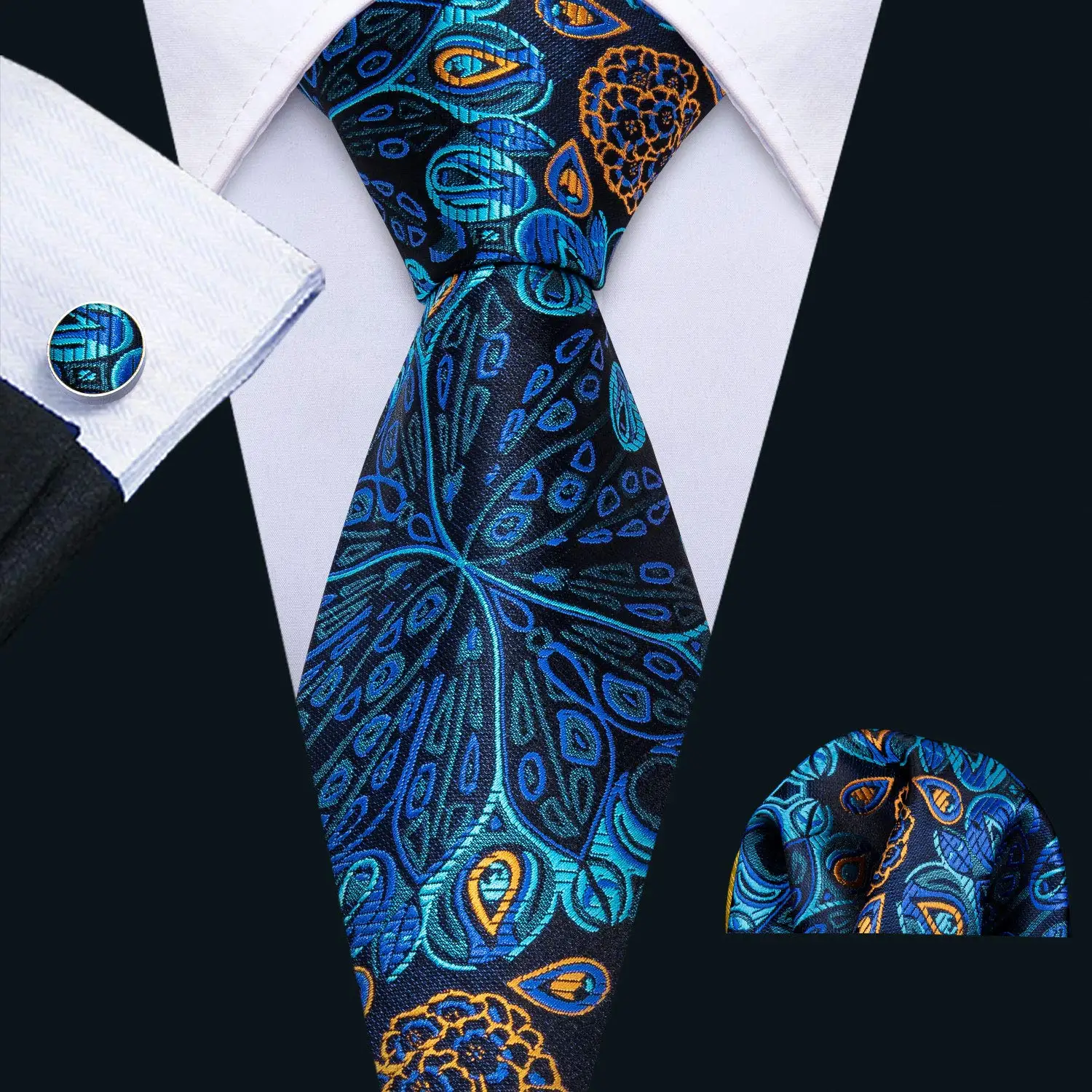 Peacock Blue Floral Men Tie Handkerchief Cufflinks Set Jacquard Necktie for Man Male Wedding Business Ties Formal Casual Gift