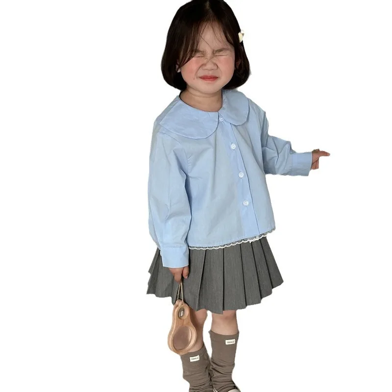 Happy Fan2025Spring New Children's College Style Lace Trim Doll Collar Shirt Girls' Solid Color Long Sleeve Blouse