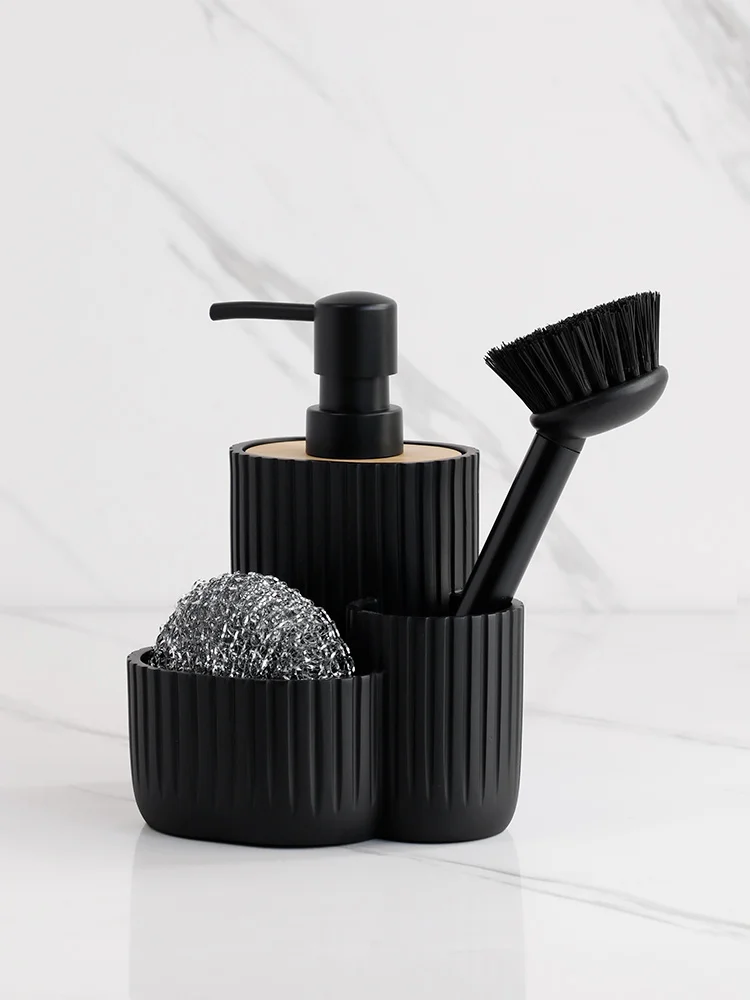 Kitchen Accessories Soap Pump Dispenser with Sponge Holder and Brush Holder 3 in 1 Liquid Hand Dish Soap Dispenser Black Wood