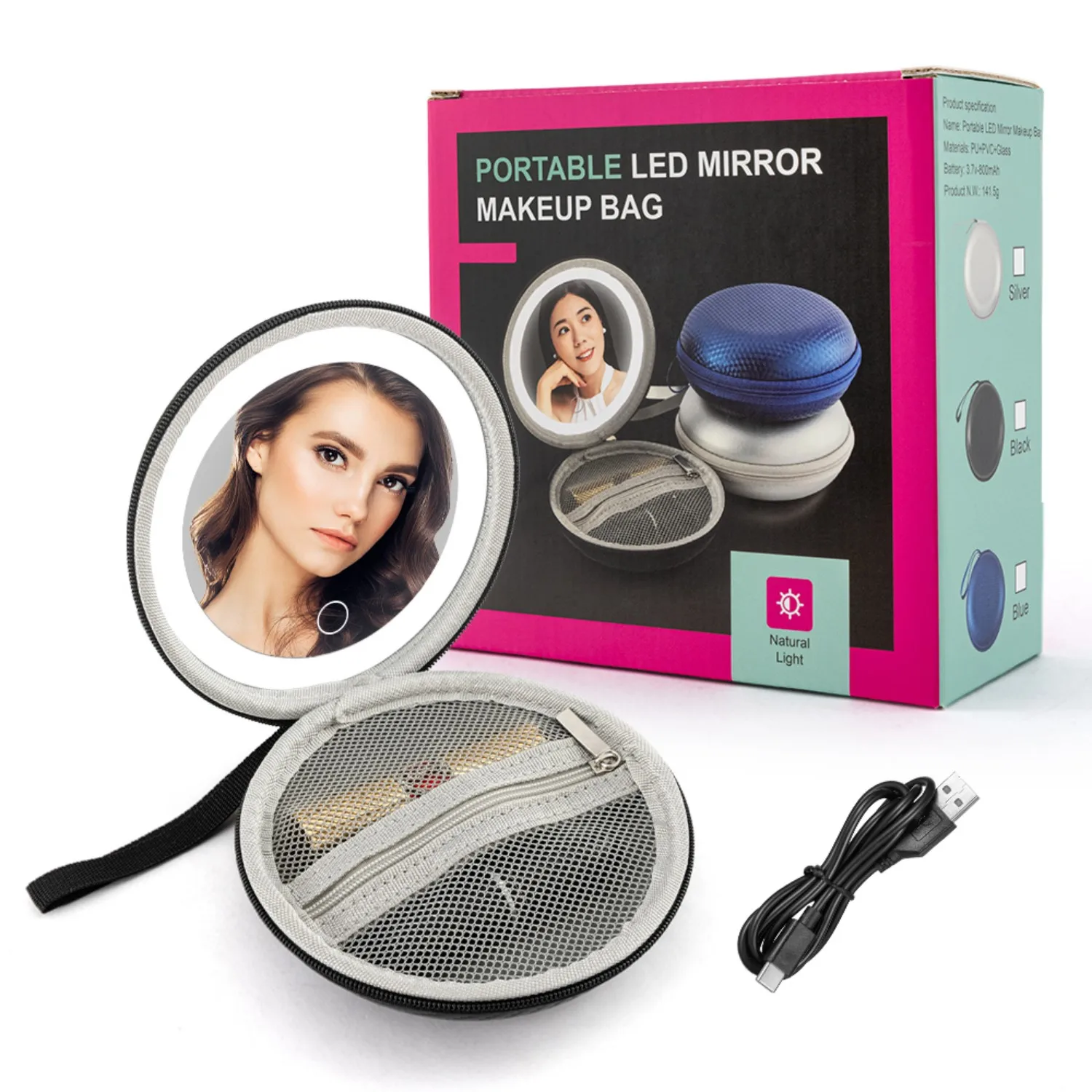 Portable Leather Makeup Mirror - Touch Dimming, Built-In Lipstick Storage, Rechargeable with Hanging Strap