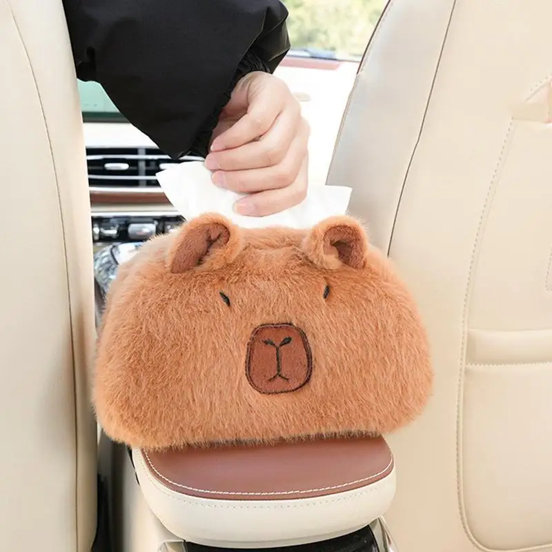 Capybara-caja de pañuelos de coche, accesorios de Interior de coche, soporte de pañuelos de felpa, bolsa de papel trasera de asiento de coche de Animal de dibujos animados lindo