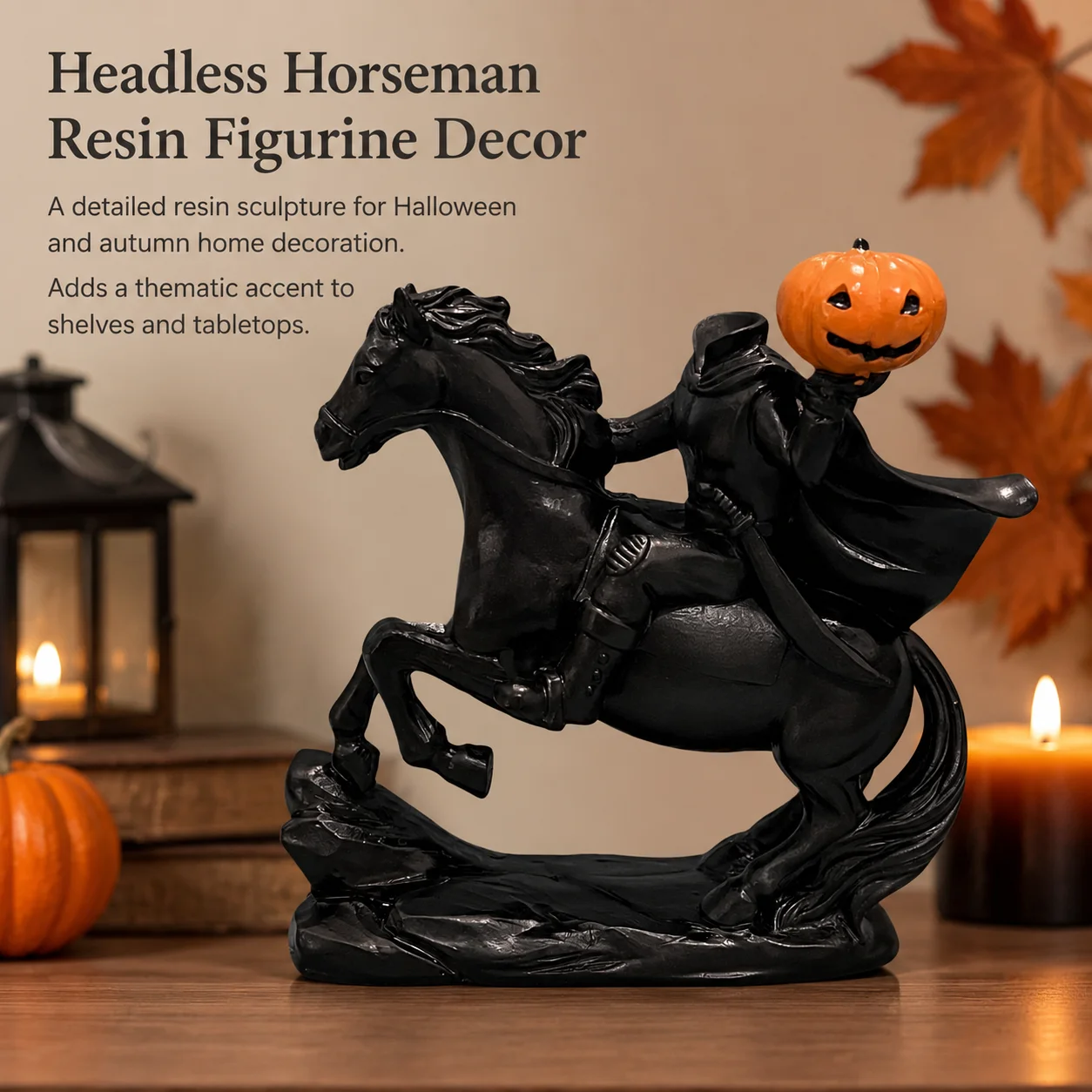 Resin Figurine Headless Horseman for Halloween Party Spooky Pumpkin Lantern Statue Home Shelf Decor Durable Ornament Art