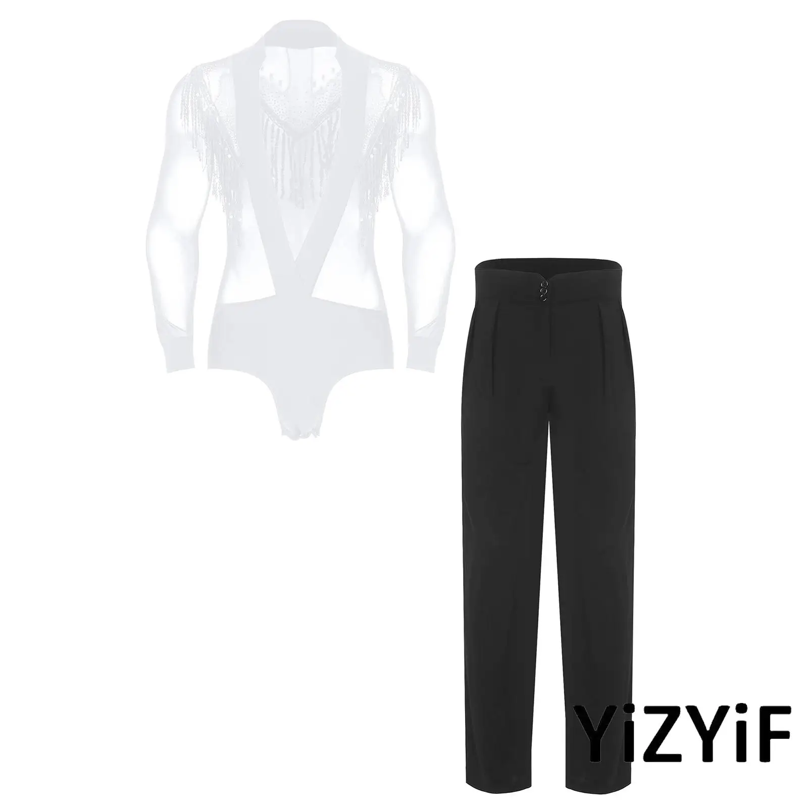 

Mens Figure Skating Costume Tight Bodyshaper Chacha Dance Outfits Rhinestone Long Sleeve Sequin Tassel Mesh Bodysuit Dance Pants