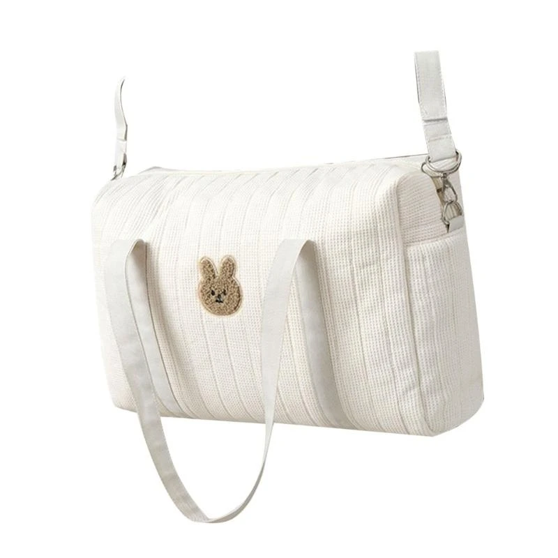 

J15U Travel Friendly Baby Nappy Bag Cotton Fabric Mom Handbag with Embroidery and Large Capacity for Busy Parents