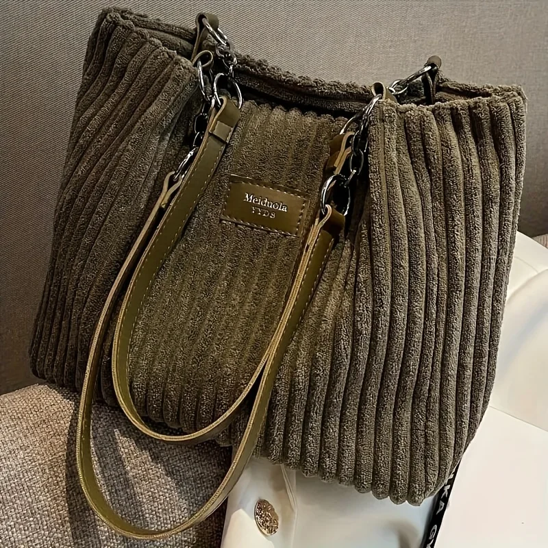 Borsa tote in velluto a coste di grande capacità, borsa a tracolla con tracolla a catena per donna, fodera in poliestere, chiusura con zip, nero, beige, kaki, verde