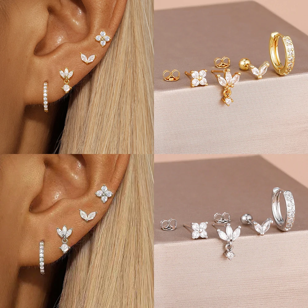 Neu eingetroffen: 4-teiliges Set glänzender Zirkon-Blumen-Ohrstecker für Damen, Edelstahl-Ohrstecker, Piercing-Schmuck