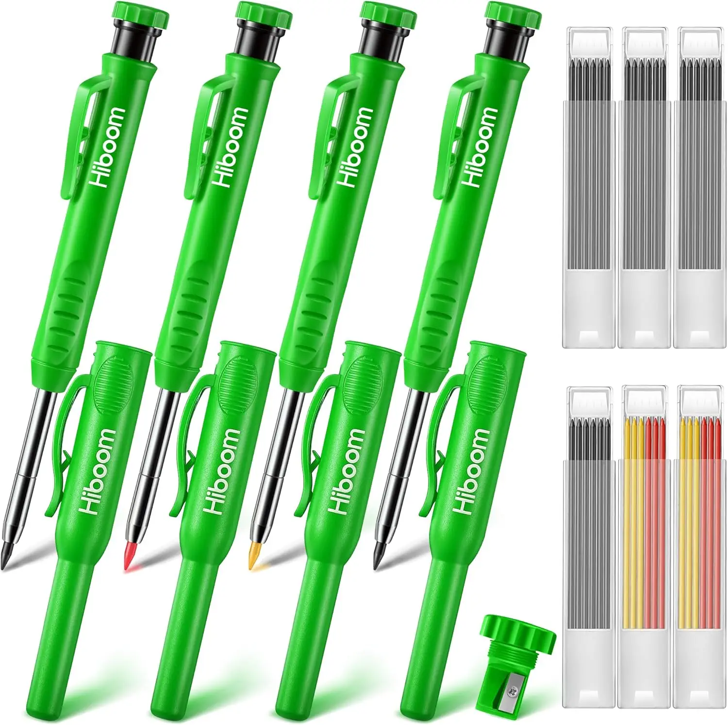 

4-Pack Heavy-Duty Woodworking Pencils with 36 Refills, Built-In Sharpener for Precise Marking on Various Surfaces