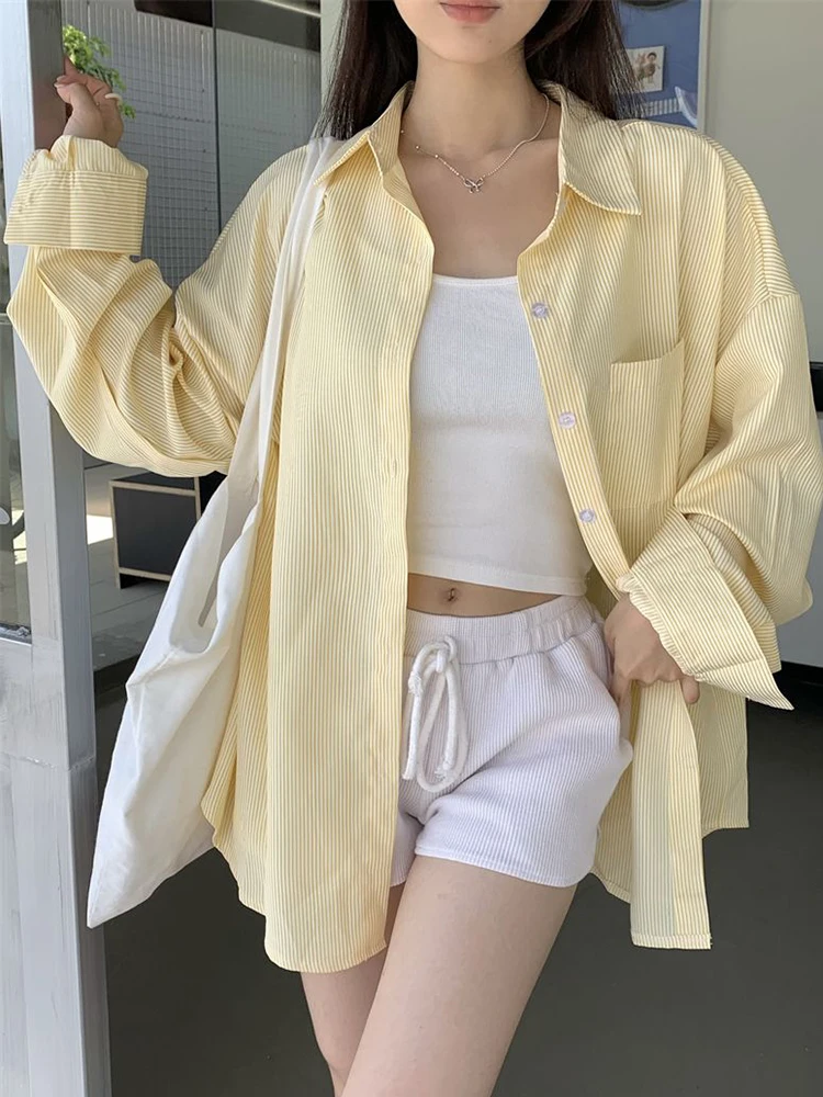 الكورية الأصفر مخطط قميص المرأة كسول الرياح فضفاضة نمط Preppy بلوزة خمر كم طويل عادية أنثى الحلو القمم جديد #1