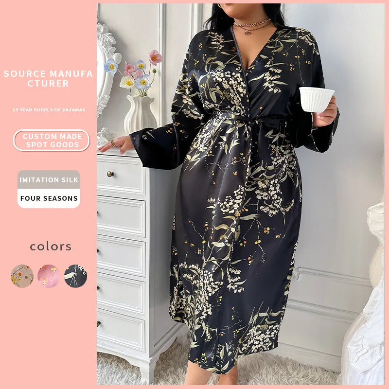 Spring Summer European American Style Plus Size Sexy Printed Ice Silk Robe Women Silk-Like Satin Bathrobe Loungewear