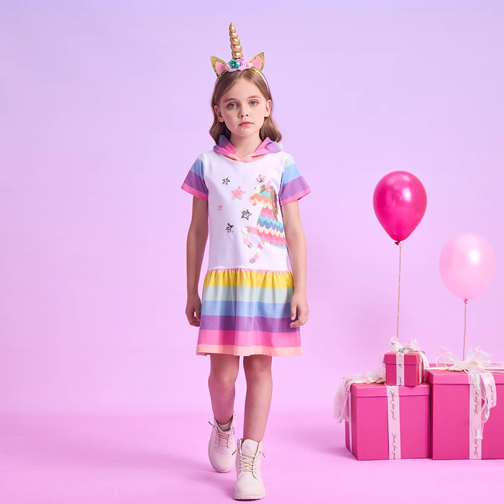 DXTON New Short Sleeve Girls Dresses Summer Hooded Kids Dress Rainbow Children Cotton Dress Applique Unicorn Girl Costumes 3-12Y