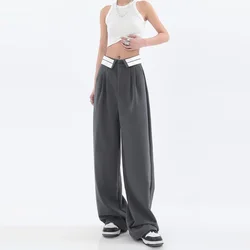 Women's Suit Pants High Waist Casual Grey Solid Simply Style Fashion Streetwear Y2k Design Baggy Soft Wide Leg Trousers Female