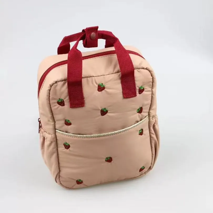 2026 New Strawberry Embroidered Kids Backpack  Lightweight Nylon School Bag for Girls | Cute Toddler Backpack with Zipper Pocket