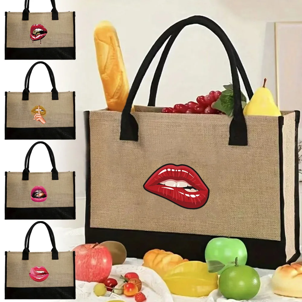 

Reusable Vintage Jute Bag Imitation Sacks Handbags Large Capacity Shopping Bags for Women Mouth Series Grocery Organizers