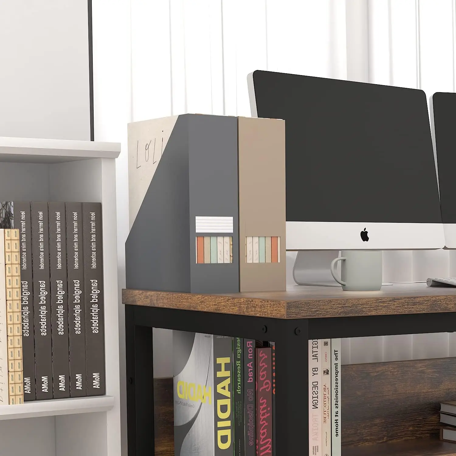 Computer Desk With Bookshelf/Metal Hole Cable Cover 1.18"" Thick Desk (55"", Rustic Brown)